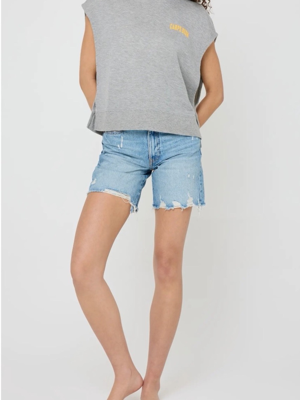 Spiritual Gangster Gray Sleeveless Hooded Crop Top with Orange “Carpe Diem” Logo